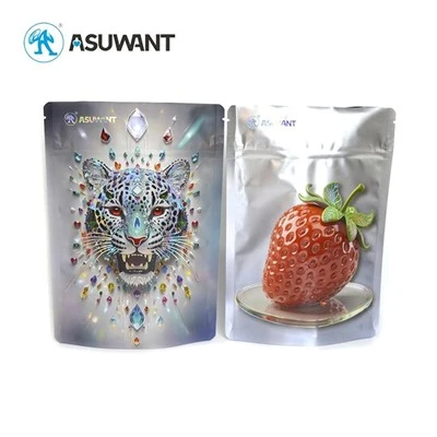 Beg Pendirian Bercetak Digital MOQ Rendah Gloss Titik Tersuai UV 3D Timbul Beg Pembungkusan Plastik Terbalik UV Timbul Untuk Makanan